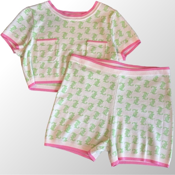 Juicy Couture Knit 2-piece Set Large Pink & Green‎ Monogram Crop Top & Short Y2K - Picture 1 of 16